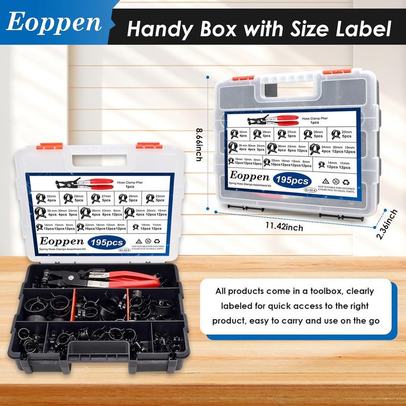 Eoppen 195Pcs 6-38mm Spring Hose Clamps Assortment Kit with Swivel Flat Band Fuel Hose Clamp Plier - 23 Sizes Fuel Line Silicone Vacuum Hose Low Pressure Air Clamps - Image 2